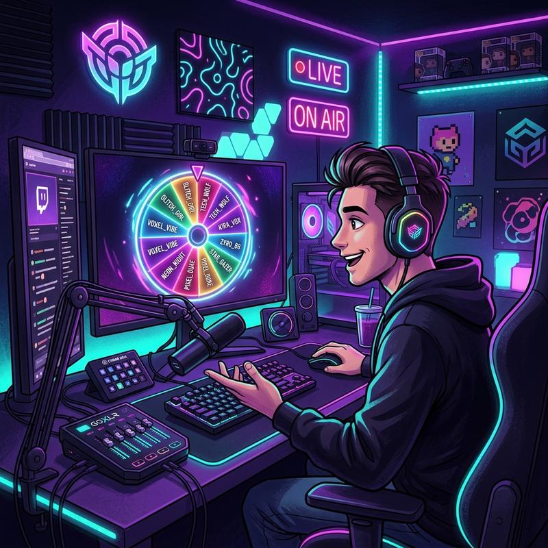 Streamer setup with a neon giveaway spinner wheel displayed on the monitor during a live stream